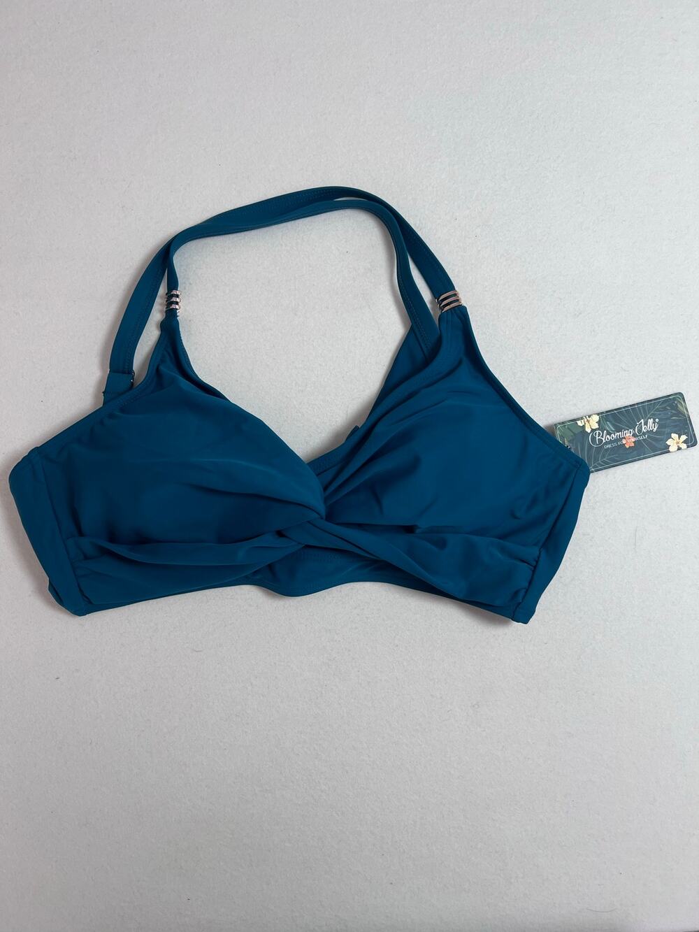 Blooming Jelly Womens M Teal Bikini Top Twist Front Halter Strappy NWT